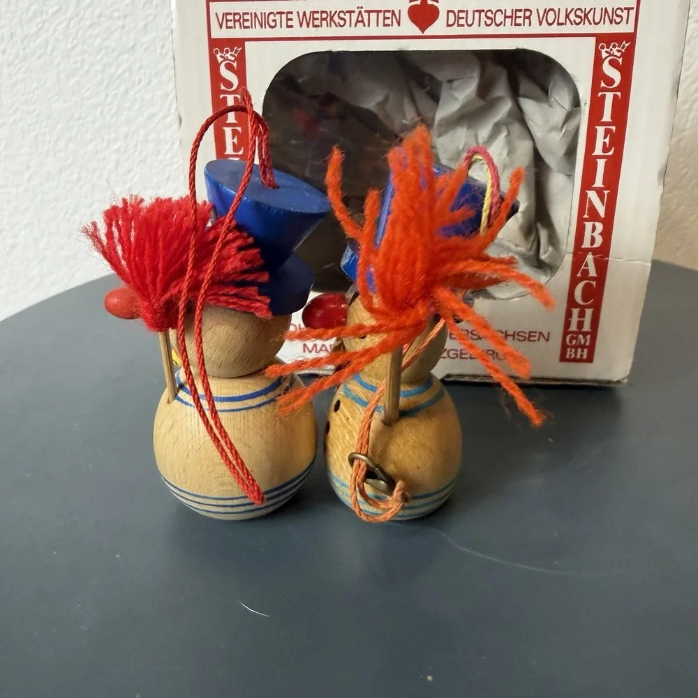 Two Steinbach Snowman Ornaments - Twin Brothers Natural Wood Erzgebirge